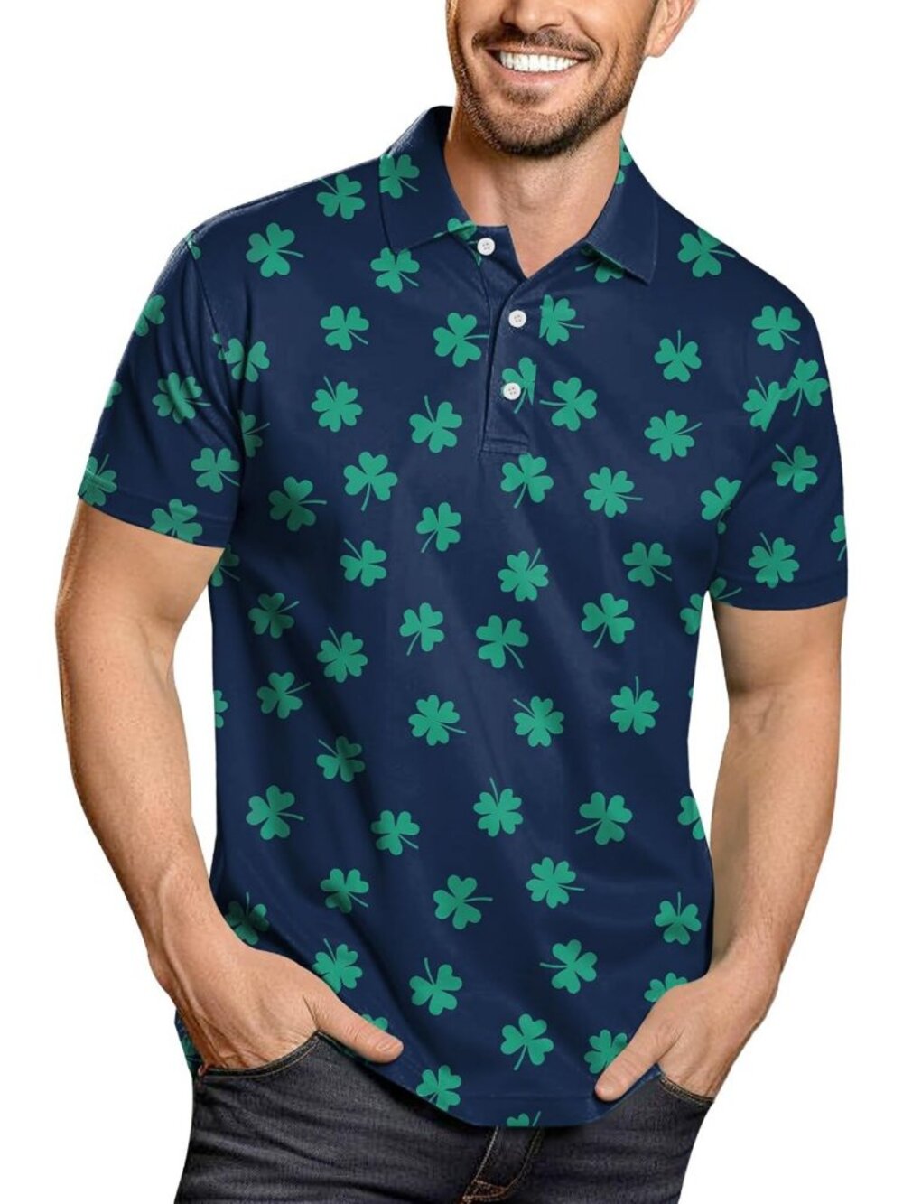 Men's St. Patrick's Day Polo Shirt, Irish Clover Design, Short Sleeve Golf Tee